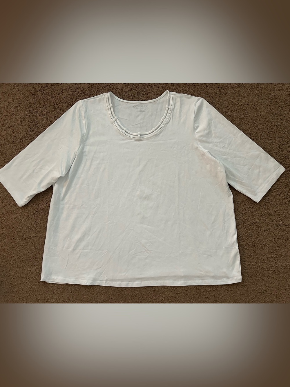 Catherines Women’s White 3/4 Sleeve Scoop Neck Top with Braided Trim 3X 26/28 W